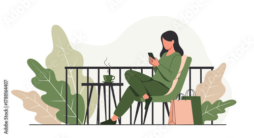 Relaxing morning on the balcony with coffee, phone and post-shopping leisure time