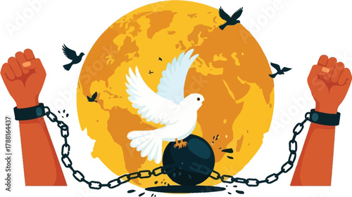 Remembering slavery's abolition for freedom, a white dove flies toward a brighter future, breaking the chains that once bound humanity for social justice