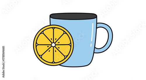 A simple illustration of a blue mug with a lemon slice beside it