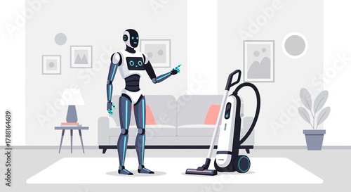 Robot cleaning services concept shows a robotic assistant ready to clean a modern living room
