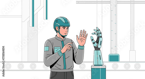 Robotics engineer interacting with advanced robotic arm in a manufacturing setting