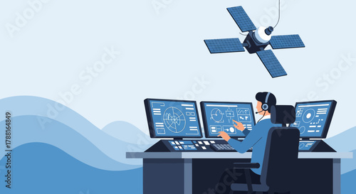 Satellite control center operator monitoring spacecraft data on multiple screens