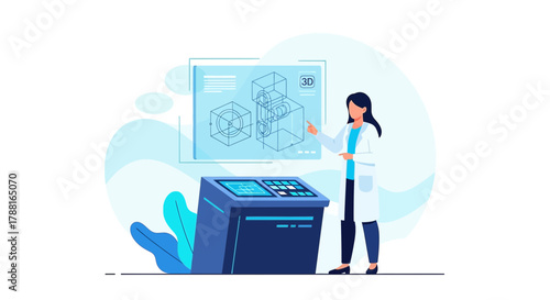 Scientist analyzing a 3D model on a holographic display using advanced technology for engineering