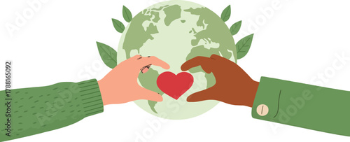 Diverse hands lovingly cradling Earth with a heart symbol, showing global unity and environmental care for a sustainable future and worldwide harmony