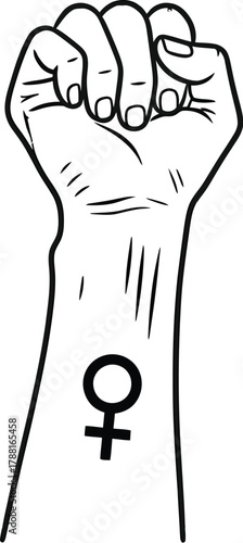 Empowered woman fist with Venus symbol tattoo for International Women's Day, female strength, equality, and feminist movement with modern monochrome style