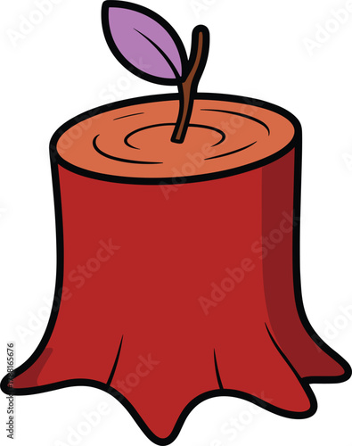 Cartoon Tree Stump with a Single Purple Leaf and Red Bark cut tree wood