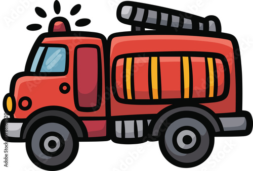 Cartoon red fire truck with flashing lights and hose reel fire engine illustration