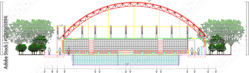 Vector sketch illustration silhouette architectural design Dining Hall Steel Structural Layout and Sections Details