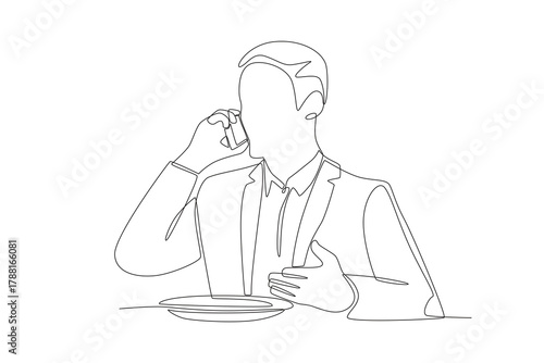 Business man having lunch while talking on the phone. Business lunch concept one-line drawing