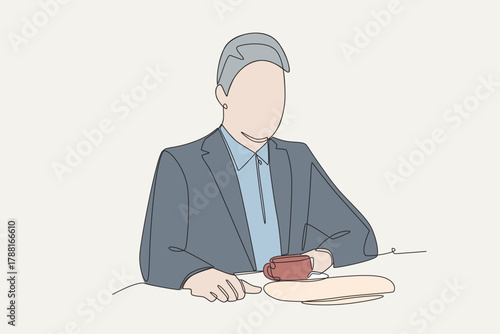 Colored business men having lunch. Business lunch concept one-line drawing