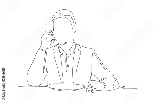Business man having lunch while talking on the phone. Business lunch concept one-line drawing