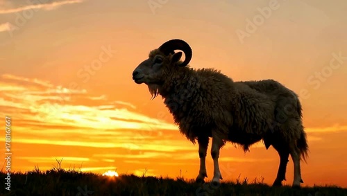 Majestic ram with large horns silhouetted against a vibrant orange sunset sky on a hilltop.