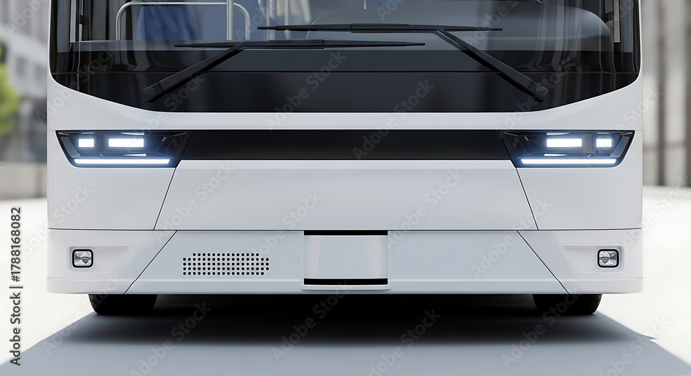 Obraz premium Modern Electric Bus Front View with Sleek Headlights and Minimalist Design Aesthetic for Sustainable Transportation