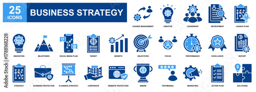 Business Strategy icon set collection. Containing design Leadership, Creatve, Milestones, Planning Strategy, Solutions