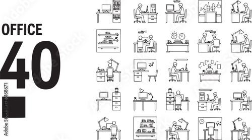 Professional office workspace illustration with modern furniture technology and vibrant color accents