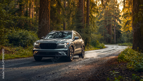 Modern SUV driving on a winding forest road at sunset