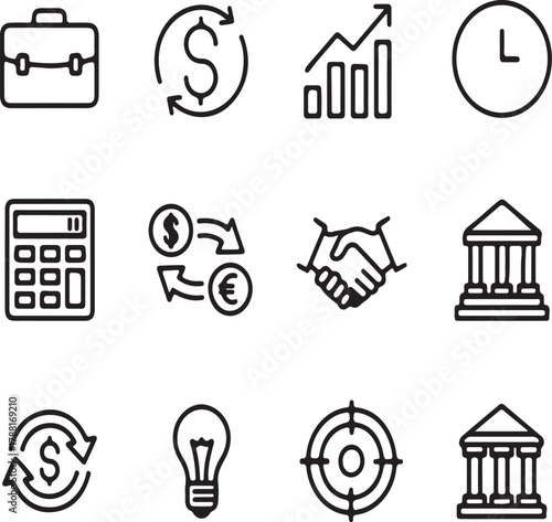 Business and Finance Line Icons Set. Collection of Outline Symbols for Management, Investment, Banking, and Strategy.