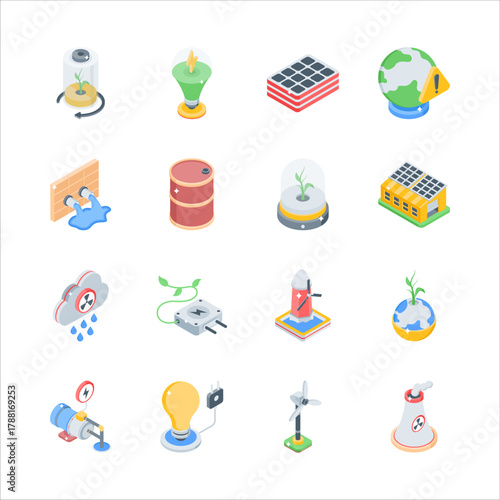 A collection of colorful, isometric icons representing various renewable and sustainable energy sources.