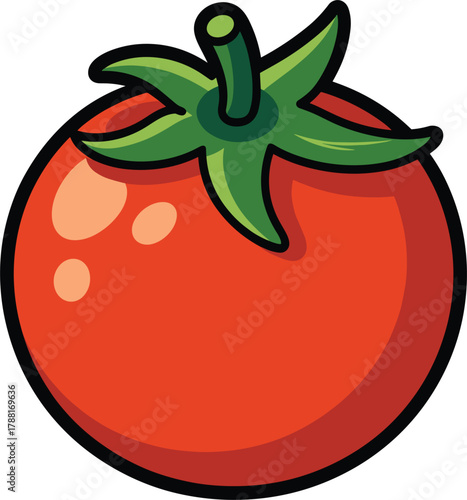 Red ripe tomato with green stem and leaves fruit vegetable