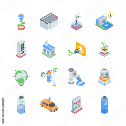 A collection of isometric icons depicting various sustainable energy solutions.