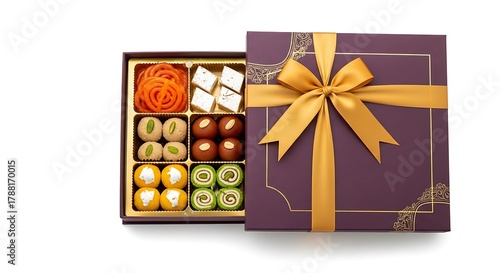 Box of Temptation: An exquisite presentation of assorted sweets awaits, beautifully arranged within a decorative box and tied with a ribbon. The rich colors and textures create an immediate allure.