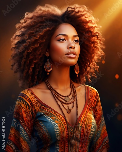 A proud Afro-Brazilian woman with natural curly hair wearing traditional African patterned clothing, standing under warm sunlight, realistic illustrative style, celebrating Black Consciousness Day