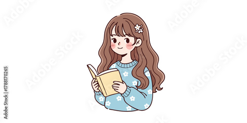 Cute girl reading a book in pastel blue floral sweater – kawaii cartoon illustration on white background