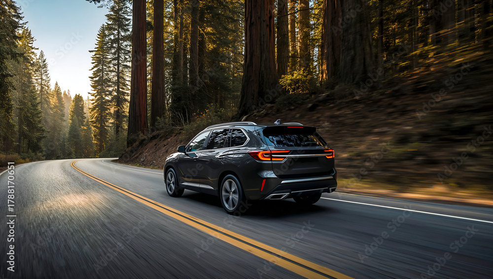 Fototapeta premium SUV driving on a scenic road through a lush forest during the day