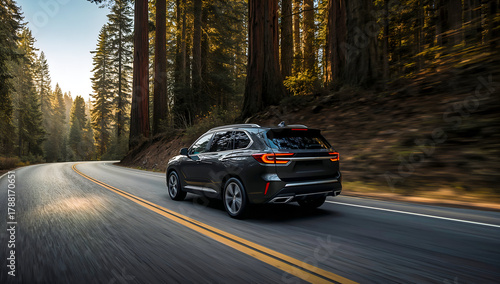 SUV driving on a scenic road through a lush forest during the day