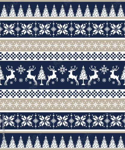 Nordic Christmas pixel knit pattern with reindeer, trees, and snowflakes in navy, white, and beige tones. Design for winter fabric, wrapping, and holiday branding. Vector illustration knitted style.