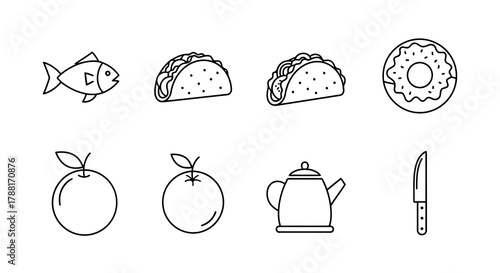 Collection of Food Icons Featuring Fish Taco Donut Orange Teapot and Knife in Line Art Vector Format for Culinary Themed Design