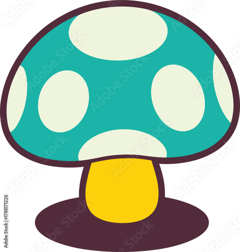 Whimsical Teal Mushroom with White Spots and Yellow Stem Keywords: mushroom, toadstool, fantasy