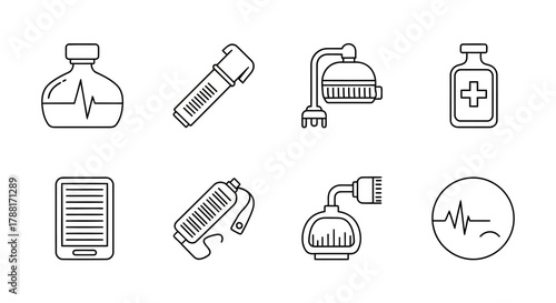 Collection of medicine icons representing healthcare and wellness including medical bottle heart beat medical supplies and health tracker device around 200 characters