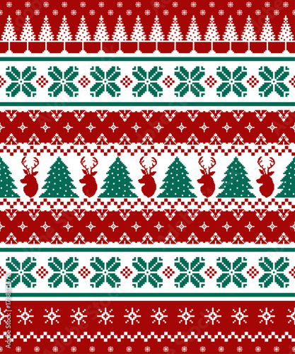 Nordic Christmas and New Year pixel knit pattern with reindeer, Christmas trees, and snowflakes in red and green tones. Design for festive fabric and wrapping. Vector illustration knitted style.