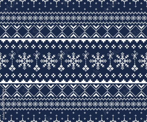 Nordic winter pixel knit pattern with snowflakes and ornaments in navy blue and white tones. Design for fabric, wrapping, and seasonal branding. Vector illustration knitted style.