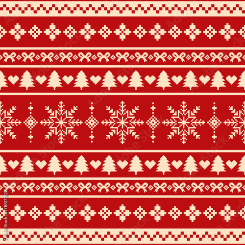 Nordic Christmas pixel knit pattern with trees, hearts, bows, and snowflakes in red and cream tones. Design for festive fabric, wrapping, and seasonal branding. Vector illustration knitted style.