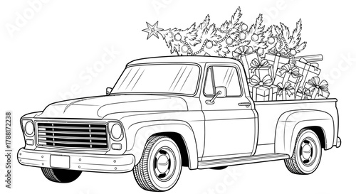 A vintage pickup truck loaded with a Christmas tree and presents, ready for the holidays.