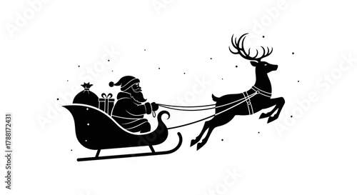 Santa Claus riding in a sleigh pulled by a flying reindeer, with falling snow.