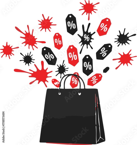 Black Friday Shopping Spree with Discount Price Tags and Colorful Splashes Illustration