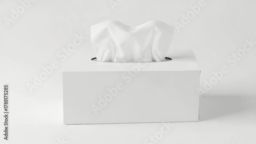 White tissue box with crumpled tissue on top