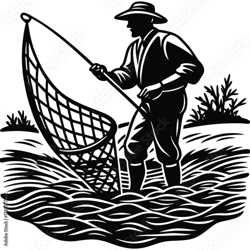 Fisherman Silhouette Catching Fish with a Net Vector Image on White Background