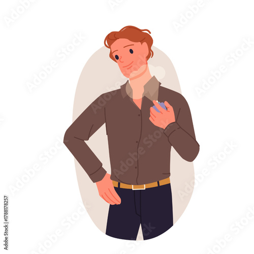Young man in brown shirt applying cologne to his neck, representing daily grooming and personal care routine, isolated on white background vector illustration