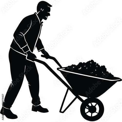 Gardener Silhouette Pushing a Wheelbarrow Full of Soil or Waste Illustration on White Background
