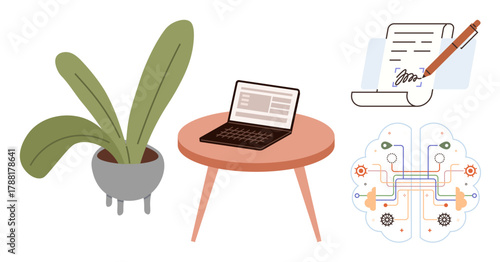 Laptop on a table, potted plant, signed document, and AI-inspired diagram. Ideal for technology, remote work, sustainability, AI innovation digital contracts and modern workspace. Simple flat