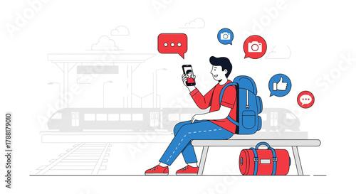 Young traveler video calling at train station showcasing modern communication trends using social