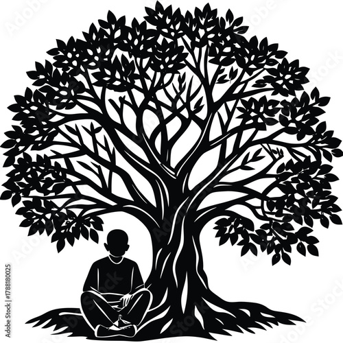 Person Meditating Underneath a Tree Silhouette, Contemplative and Serene Scene on White Background