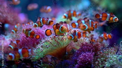Fototapeta Naklejka Na Ścianę i Meble -  Vibrant clownfish swimming amidst colorful coral reef ecosystem background