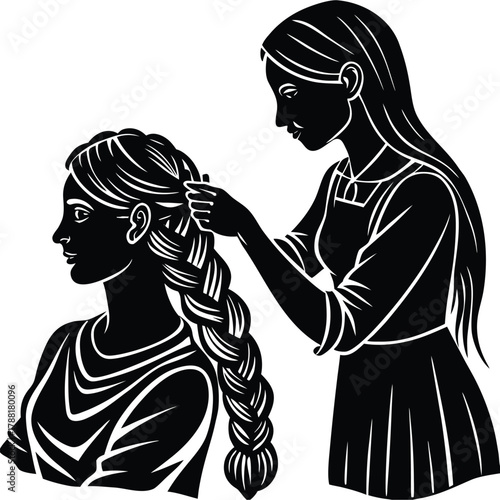 Braiding Silhouette Vector Art Illustration of a Hairdresser at Work on White Background