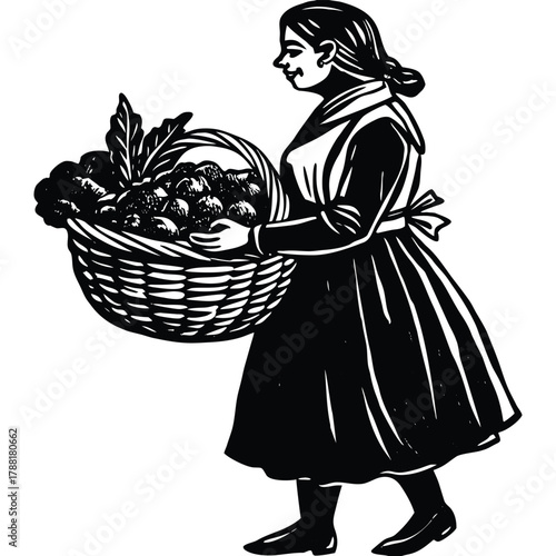 Woman with Fruit Basket Silhouette Vintage Style Illustration Clip Art on White Background