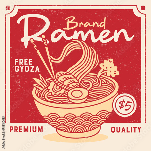 Vintage ramen poster design featuring steaming bowl with noodles and toppings in retro Japanese style. Illustration with distressed texture for restaurant branding and menu design.